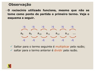 Observação
◦ O raciocínio utilizado funciona, mesmo que não se
tome como ponto de partida o primeiro termo. Veja o
esquema a seguir.
:q :q :q :q :q :q
a8 a9 a10 a11 a12 a13 ...
.q .q .q .q .q .q
 Saltar para o termo seguinte é multiplicar pela razão;
 saltar para o termo anterior é dividir pela razão.
 