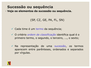 Sucessão ou sequência
◦ Veja os elementos da sucessão ou sequência.
(SP, CZ, GE, PA, FL, SN)
 Cada time é um termo da sequência;
 O critério ordem de classificação identifica qual é o
primeiro termo, o segundo, o terceiro, ..., o sexto;
 Na representação de uma sucessão, os termos
aparecem entre parênteses, ordenados e separados
por vírgulas.
 