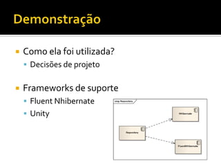 Demonstração	Como ela foi utilizada?Decisões de projeto	Frameworks de suporteFluentNhibernateUnity