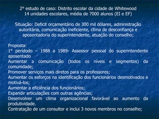 2° estudo de caso: Distrito escolar da cidade de Whitewood 14 unidades escolares, média de 7000 alunos (EI e EF) Situação: Deficit orçamentário de 300 mil dólares, administração autoritária, comunicação ineficiente, clima de desconfiança e aposentadoria do superintendente, atuação do conselho; Proposta: 1° perídodo – 1988 a 1989- Assessor pessoal do superintendente aposentado Aumentar a comunicação (todos os níveis e segmentos) da comunidade; Promover serviços mais diretos para os professores; Aumentar os esforços na identificação dos funcionários desmotivados e motivá-los; Aumentar a eficiência dos funcionários; Expandir articulações com outras agências; Desenvolver um clima organizacional favorável ao aumento da produtividade. Contratação de um consultor e inclui 3 novos membros no conselho; 