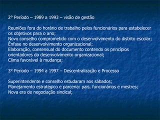 2° Período – 1989 a 1993 – visão de gestão Reuniões fora do horário de trabalho pelos funcionários para estabelecer os objetivos para o ano; Novo conselho comprometido com o desenvolvimento do distrito escolar; Ênfase no desenvolvimento organizacional; Elaboração, consensual do documento contendo os princípios orientadores do desenvolvimento organizacional; Clima favorável à mudança; 3° Período – 1994 a 1997 – Descentralização e Processo Superintendente e conselho estudaram aos sábados; Planejamento estratégico e parceria: pais, funcionários e mestres; Nova era de negociação sindical; 
