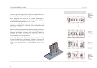 112
ESTRUTURA FÍSICA E ESPAÇOS De Rotterdam
A estrutura dos espaços, assim como a estrutura física da edificação,
deveria se adequar aos diferentes programas e usos.
Assim, definiu-se uma estrutura de grande regularidade e
modularidade (malha regular de oito metros) que se adequa e
estrutura todos os volumes [ver fig.D150 a D153].
Para uma maior polivalência e atendimento de um maior número de
programas e atividades para as áreas de lazer, o embasamento tem
pé direito de 4,5 metros.
Osblocosintermediáriosesuperioresdaedificaçãotêmsuaestrutura
física um pouco mais restrita, com núcleos de circulação vertical e
instalações centralizados nos blocos, e os programas ocupando os
perímetros dos volumes. Isto permite que atenda com uma certa
flexibilidade aos respectivos programas.
Apesar desta diferença de alturas dos programas contidos dentro
dos volumes superiores e intermediários, esta não se expressa ou se
nota nas fachadas. Os programas residenciais e de hotel tem altura
de três metros. Já nos escritórios a altura passa a ser de três metros
e meio.
|figura D150|
planta com
eixos estruturais
térreo
esc 1:2.000
|figura D151|
planta com
eixos estruturais 3
pavimento
esc 1:2.000
|figura D152|
planta com
eixos estruturais
tipo
intermediario
esc 1:2.000
|figura D153|
planta com
eixos estruturais
tipo
superior
esc 1:2.000
 