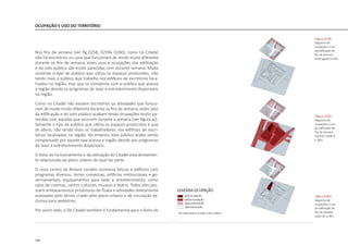 144
Nos fins de semana [ver fig.D258, D259e D260], como no Citadel
não há escritórios ou usos que funcionam de modo muito diferente
durante os fins de semana, estes usos e ocupações das edificação
e do solo público são muito parecidas com durante semana. Muda
somente o tipo de público que utiliza os espaços produzidos, não
tendo mais o público que trabalha nos edifícios de escritórios loca-
lizados na região, mas que se compensa com o público que acessa
a região devido os programas de lazer e entretenimento disponíveis
na região.
Como no Citadel não existem escritórios ou atividades que funcio-
nam de modo muito diferente durante os fins de semana, estes usos
da edificação e do solo público acabam tendo ocupações muito pa-
recidas com aquelas que ocorrem durante a semana [ver figura xx].
Somente o tipo de público que utiliza os espaços produzidos é que
se altera, não tendo mais os trabalhadores nos edifícios de escri-
tórios localizados na região. No entanto, este público acaba sendo
compensado por aquele que acessa a região devido aos programas
de lazer e entretenimento disponíveis.
O êxito do funcionamento e da utilização do Citadel está diretamen-
te relacionado ao plano urbano do qual faz parte.
O novo centro de Almere contém inúmeros blocos e edifícios com
programas diversos: torres comercias, edifícios institucionais e go-
vernamentais, equipamentos para lazer e entretenimento, como
salas de cinemas, centro culturais, museus e teatro. Todos eles pos-
suem embasamentos produtores de fluxos e atividades diretamente
acessadas pelo térreo criado pelo plano urbano e de circulação ex-
clusiva para pedestres.
Por outro lado, o De Citadel também é fundamental para o êxito do
OCUPAÇÃO E USO DO TERRITÓRIO
|figura D258|
diagrama de
ocupações e uso
da edificação de
fim de semana
madrugada 0 a 8hs
|figura D259|
diagrama de
ocupações e uso
da edificação de
fim de semana
manhã e tarde 8
a 18hs
|figura D260|
diagrama de
ocupações e uso
da edificação de
fim de semana
noite 18 a 24hs
 