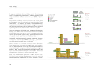 156
USOS MISTOS
O conjunto de edifícios do Linked Hybrid contém diferentes usos,
sendo o principal e mais predominante o programa habitacional que
ocupa as oito torres verticais e representa quase 60% da área cons-
truída.
Originalmente, conforme diagramas conceituais do projeto, eram
previstos que os pisos inferiores das torres fossem dedicados ao uso
de escritórios, o que agregaria um potente e complementar progra-
ma para um empreendimento desta escala. Isto geraria um outro
tipo de ocupação e utilização do solo, auxiliando inclusive na criação
e polarização desta nova centralidade da qual carece a região.
No térreo de todos os edifícios, ao redor do espelho d´água, encon-
tram-se lojas, cafés e áreas comerciais que servem aos moradores
e à vizinhança.Foi previsto que no inverno as passagens móveis pu-
dessem ser retiradas do espelho d´água para a sua utilização como
uma grande pista de gelo, tal como na Rockfeller Plaza.
Os volumes piramidais invertidos contendo as áreas de entreteni-
mento e salas de cinema são refletidos sobre a água, potencializan-
do e polarizando a utilização deste grande pátio.
Deve-se ponderar que justamente este espaço central aberto e pú-
blico, naturalmente sombreado e protegido pelas torres habitacio-
nais das agressividades do entorno, da insolação excessiva e dos ruí-
dos produzidos pela via expressa lindeira, é ocupado por um grande
espelho d´água, transformando sua origem livre e articuladora num
lugar de caráter predominantemente contemplativo. Neste vazio
central também se encontra o edifício cilíndrico do hotel.
Neste vazio central também se encontra o edifício cilíndrico do ho-
tel. Através deste, se dá um dos acessos ao circuito de passarelas
elevadas que abriga programas de uso comum para todo o comple-
|figura D315|
diagrama
Steven Holl
architecture
organização
do programa
|figura D316|
corte transversal
com usos
esc 1:2.500
|figura D317|
corte longitudinal
com usos
esc 1:2.500
 
