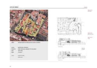 LISTA DE OBRAS
64
OBRA	 REABILITAÇÃO DO MERCADO DE SANTA CATERINA
	
LOCAL 	 BARCELONA, ESPANHA
PROJETO	 ENRIC MIRALLES, BENEDETTA TAGLIABUE
ANO 	 1997-2005
ÁREA 	 17.533 m2
USOS	HABITACIONAL
	 MERCADO
|figura C031|
vista aérea
|figura C032|
planta do térreo
|figura C033|
cortes
escala G
 