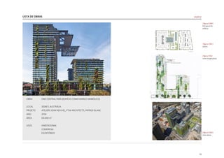 LISTA DE OBRAS
73
OBRA	 ONE CENTRAL PARK (EDIFÍCIO COMO MARCO SIMBÓLICO)
LOCAL 	 SIDNEY, AUSTRÁLIA
PROJETO 	 ATELIERS JEAN NOUVEL, PTW ARCHITECTS, PATRICK BLANC
ANO 	 2014
ÁREA 	 64.000 m2
USOS	HABITACIONAL
	 COMERCIAL
	ESCRITÓRIOS
|figura C060|
foto geral do
edifício
|figura C061|
planta
|figura C062
corte longitudinal
|figura C063|
vista aérea
escala U
 
