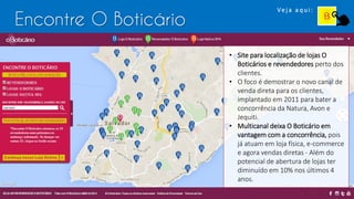 Encontre O Boticário
• Site para localização de lojas O
Boticários e revendedores perto dos
clientes.
• O foco é demostrar o novo canal de
venda direta para os clientes,
implantado em 2011 para bater a
concorrência da Natura, Avon e
Jequiti.
• Multicanal deixa O Boticário em
vantagem com a concorrência, pois
já atuam em loja física, e-commerce
e agora vendas diretas - Além do
potencial de abertura de lojas ter
diminuído em 10% nos últimos 4
anos.
Ve j a a q u i :
 
