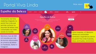 Portal Viva Linda
Ferramenta real time
maketing integrado no
portal Viva Linda que
permite conhecer os
assuntos de beleza mais
comentados nas redes
sociais no mundo.
Monitora mais de 500
mil menções por mês
de termos relacionados
ao universo da beleza
no Facebook, Twitter e
Instagram.
Como resposta, a O Boticário
oferece ao consumidor
conteúdo e experiências dentro
do portal Viva Linda (tutoriais,
dicas, promoções, entrevistas).
Espelho da Beleza
Ve j a a q u i :
 