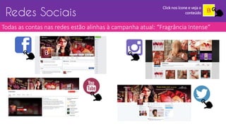 ‘
Redes Sociais
Todas as contas nas redes estão alinhas à campanha atual: “Fragrância Intense”
Click nos ícone e veja o
conteúdo
 