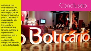 ConclusãoA empresa vem
investindo cada vez
mais em inovação e
tecnologia (2,5% do
faturamento anual), e
para a O Boticário as
mudanças não são
somente para
incrementar o
faturamento, mas
também melhorar a
experiência do
consumidor com a
marca, assim
enriquecendo o
diálogo com a mesma,
e gerando fidelização.
 