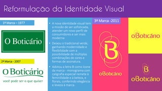 Reformulação da Identidade Visual
3ª Marca -20111ª Marca – 1977
2ª Marca - 2007
• A nova identidade visual tem
a missão de ser sofisticada,
atender um novo perfil de
consumidores e ser mais
moderna
• Deixou o tradicional verde,
ganhando modernidade e
flexibilidade com a
possibilidade de múltiplas
combinações de cores e
formas de assinatura.
• Adotou a letra B como ícone
da marca - monograma com
caligrafia especial remete à
feminilidade e à beleza, e
florais, conferindo elegância
e leveza à marca.
 