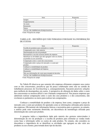Item                                  Respostas
           Sempre                                                            7
           Freqüentemente                                                    6
           Às vezes                                                          0
           Raramente                                                         0
           Nunca                                                            2
           TOTAL DE EMPRESAS PESQUISADAS                                    15
          Fonte: Pesquisa de campo



       TABELA 09 – DECISÕES QUE SÃO TOMADAS COM BASE NA INFORMAÇÃO
       DE CUSTOS

                                        Item                             Respostas
           Escolha de produtos para estimular as vendas                                 8
           Comparação com o mês anterior                                                8
           Determinação do mix de produção                                              7
           Racionalizar o uso dos recursos dentro da empresa                            5
           Identificar as atividades que não agregam valor ao cliente,                  0
           ao produto ou aos acionistas
           Comparação como o custo dos concorrentes                                     3
           Comparação entre o preço do mercado e o custo por                            8
           produto
           Conhecer a rentabilidade do produto                                          7
           Conhecer a rentabilidade da Empresa                                          5
           Orçamento                                                                    2
           Não usa informações de custo para tomada de decisões                         2
           TOTAL DE EMPRESAS PESQUISADAS                                               15
          Fonte: Pesquisa de campo



       Na Tabela 09 observa-se que somente três empresas afirmaram comparar seus custos
com os dos concorrentes, percebe-se que há pouca colaboração entre elas no sentido de
trabalharem processos de benchmarking e, consequentemente, buscarem possíveis soluções
para melhoria de desempenhos em custos. A perspectiva de obtenção de dados sobre o custo
dos concorrentes se mostrou difícil e isto é bastante compreensível. Nas poucas empresas que
admitiram realizar comparações entre o custo dos seus produtos e o dos concorrentes, não
revelaram os parâmetros ou meios para realizar tais comparações.

       Conhecer a rentabilidade do produto e da empresa, bem como, comparar o preço de
mercado com o custo por produtos foi apontado como as informações utilizadas pela maioria
das empresas. Obviamente são informações básicas e necessárias para os gestores, no entanto,
a análise pode estar seriamente distorcida, em decorrência da metodologia utilizada para
determinação dos custos por produto.

       A pesquisa indica a importância dada pela maioria dos gestores entrevistados à
determinação do mix de produção e a escolha de produtos para estimular as vendas tendo
como base a informação sobre os custos de cada produto. No entanto, não considera ou
desconhece a importância de se identificar as atividades que agregam ou não valor aos
produtos ou aos clientes, para tomada deste tipo de decisão.
 