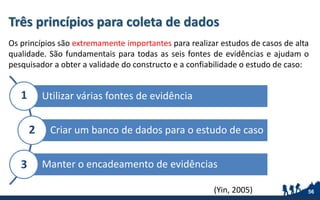 Três princípios para coleta de dados
Os princípios são extremamente importantes para realizar estudos de casos de alta
qualidade. São fundamentais para todas as seis fontes de evidências e ajudam o
pesquisador a obter a validade do constructo e a confiabilidade o estudo de caso:
56
Utilizar várias fontes de evidência
Criar um banco de dados para o estudo de caso
Manter o encadeamento de evidências
(Yin, 2005)
1
2
3
 