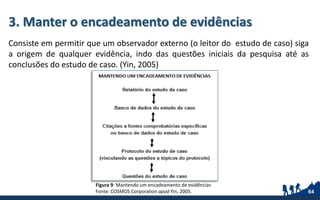 3. Manter o encadeamento de evidências
Consiste em permitir que um observador externo (o leitor do estudo de caso) siga
a origem de qualquer evidência, indo das questões iniciais da pesquisa até as
conclusões do estudo de caso. (Yin, 2005)
64
Figura 9: Mantendo um encadeamento de evidências
Fonte: COSMOS Corporation apud Yin, 2005.
 