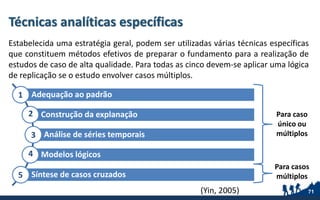 Técnicas analíticas específicas
Estabelecida uma estratégia geral, podem ser utilizadas várias técnicas específicas
que constituem métodos efetivos de preparar o fundamento para a realização de
estudos de caso de alta qualidade. Para todas as cinco devem-se aplicar uma lógica
de replicação se o estudo envolver casos múltiplos.
(Yin, 2005) 71
Adequação ao padrão
Construção da explanação
Análise de séries temporais
Modelos lógicos
Síntese de casos cruzados
1
2
3
4
5
Para caso
único ou
múltiplos
Para casos
múltiplos
 