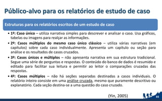 Público-alvo para os relatórios de estudo de caso
Estruturas para os relatórios escritos de um estudo de caso
• 1º: Caso único – utiliza narrativa simples para descrever e analisar o caso. Usa gráficos,
tabelas ou imagens para realçar as informações.
• 2º: Casos múltiplos do mesmo caso único clássico – utiliza várias narrativas (em
capítulos) sobre cada caso individualmente. Apresenta um capítulo ou seção para
análise e os resultados de casos cruzados.
• 3º: Casos únicos e múltiplos – não apresenta narrativa em sua estrutura tradicional.
Segue uma série de perguntas e respostas. O conteúdo do banco de dados é resumido e
editado para facilitar sua leitura e permitir ao leitor o comparações cruzadas das
respostas.
• 4º: Casos múltiplos – não há seções separadas destinadas a casos individuais. O
relatório inteiro consiste em uma análise cruzada, mesmo que puramente descritivo ou
explanatório. Cada seção destina-se a uma questão do caso cruzado.
85(Yin, 2005)
 