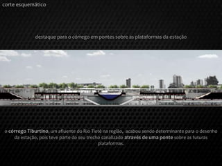 corte esquemático
destaque para o córrego em pontes sobre as plataformas da estação
o córrego Tiburtino, um afluente do Rio Tietê na região, acabou sendo determinante para o desenho
da estação, pois teve parte do seu trecho canalizado através de uma ponte sobre as futuras
plataformas.
 
