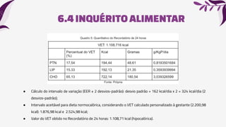 6.4INQUÉRITO ALIMENTAR
● Cálculo do intervalo de variação (EER ± 2 desvios-padrão): desvio padrão = 162 kcal/dia x 2 = 324 kcal/dia (2
desvios-padrão);
● Intervalo aceitável para dieta normocalórica, considerando o VET calculado personalizado à gestante (2.200,98
kcal): 1.876,98 kcal e 2.524,98 kcal;
● Valor do VET obtido no Recordatório de 24 horas: 1.108,71 kcal (hipocalórica).
 