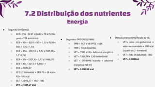 7.2Distribuiçãodos nutrientes
● Segundo a FAO/OMS (1989):
○ TMB = 14,7 x 58 (PPG) + 496
○ TMB = 1348,6kcal/dia
○ VET = (TMB x FA) + Adicional energético
○ VET = 1369,18 x 1,56 (sedentária)
○ VET = 2103,816 kcal/dia + adicional
energético (97,17)
○ VET = 2.200,98 kcal
● Segundo IOM (2002):
○ EER= 354 - (6,91 x idade) + PA x (9,36 x
peso + 726 x estatura)
○ EER = 354 - (6,91 x 30) + 1,12 x (9,36 x
59,4 + 726 x 1,53)
○ EER = 354 - (207,3) + 1,12 x (555,98 +
1.110,78)
○ EER = 354 - (207,3) + 1,12 x (1666,76)
○ EER = 354 - 207,3 + 1.866,77
○ EER = 2.013,47
○ VET (2º trimestre) = EER PG + (8 kcal x
IG) + 180 kcal
○ VET = 2.013,47 + 192 + 180
○ VET = 2.385,47 kcal
Energia
● Método prático/simplificado da NE:
○ VET= peso pré-gestacional x
valor recomendado + 300 kcal
(a partir do 2º trimestre)
○ VET = 58 x 36 (adultos) + 300
○ VET = 2.388kcal
 
