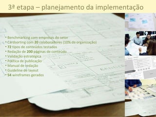 O que foi feito: 3ª etapa – planejamento da implementação Benchmarking com empresas do setor Cardsorting com  20  colaboradores (10% da organização) 72  tipos de conteúdos testados Redação de  200  páginas de conteúdo Validação estratégica Política de publicação Manual de redação Guideline de layout 54  wireframes gerados 