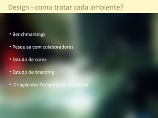 Design - como tratar cada ambiente? Benchmarkings Pesquisa com colaboradores Estudo de cores Estudo de branding Criaç ão dos Templates e  Guideline  