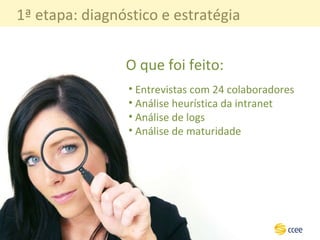 O que foi feito: Entrevistas com 24 colaboradores Análise heurística da intranet Análise de logs Análise de maturidade 1ª etapa: diagnóstico e estratégia 