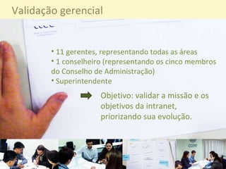 11 gerentes, representando todas as áreas 1 conselheiro (representando os cinco membros do Conselho de Administração) Superintendente Validação gerencial Objetivo: validar a missão e os objetivos da intranet, priorizando sua evolução. 