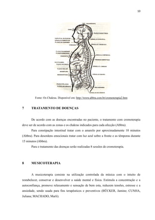 10
Fonte: Os Chakras. Disponível em: http://www.abbra.com.br/cromoterapia2.htm
7 TRATAMENTO DE DOENÇAS
De acordo com as doenças encontradas no paciente, o tratamento com cromoterapia
deve ser de acordo com as zonas e os chakras indicados para cada afecção (Abbra).
Para constipação intestinal tratar com o amarelo por aproximadamente 10 minutos
(Abbra). Para desordens emocionais tratar com luz azul sobre a fronte e as têmporas durante
15 minutos (Abbra).
Para o tratamento das doenças serão realizadas 8 sessões de cromoterapia.
8 MUSICOTERAPIA
A musicoterapia consiste na utilização controlada da música com o intuito de
restabelecer, conservar e desenvolver a saúde mental e física. Estimula a concentração e a
autoconfiança, promove relaxamento e sensação de bem esta, reduzem tensões, estresse e a
ansiedade, sendo usada para fins terapêuticos e preventivos (BÜCKER, Jamine; CUNHA,
Juliana; MACHADO, Marli).
 