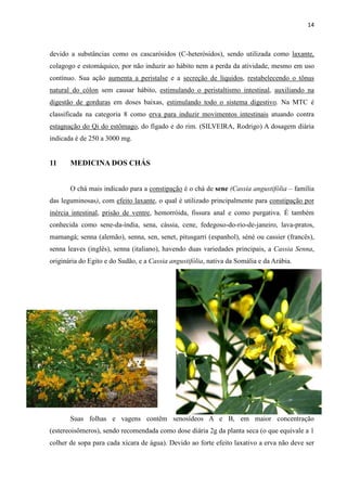 14
devido a substâncias como os cascarósidos (C-heterósidos), sendo utilizada como laxante,
colagogo e estomáquico, por não induzir ao hábito nem a perda da atividade, mesmo em uso
contínuo. Sua ação aumenta a peristalse e a secreção de líquidos, restabelecendo o tônus
natural do cólon sem causar hábito, estimulando o peristaltismo intestinal, auxiliando na
digestão de gorduras em doses baixas, estimulando todo o sistema digestivo. Na MTC é
classificada na categoria 8 como erva para induzir movimentos intestinais atuando contra
estagnação do Qi do estômago, do fígado e do rim. (SILVEIRA, Rodrigo) A dosagem diária
indicada é de 250 a 3000 mg.
11 MEDICINA DOS CHÁS
O chá mais indicado para a constipação é o chá de sene (Cassia angustifólia – família
das leguminosas), com efeito laxante, o qual é utilizado principalmente para constipação por
inércia intestinal, prisão de ventre, hemorróida, fissura anal e como purgativa. É também
conhecida como sene-da-índia, sena, cássia, cene, fedegoso-do-rio-de-janeiro, lava-pratos,
mamangá; senna (alemão), senna, sen, senet, pitusgarri (espanhol), séné ou cassier (francês),
senna leaves (inglês), senna (italiano), havendo duas variedades principais, a Cassia Senna,
originária do Egito e do Sudão, e a Cassia angustifólia, nativa da Somália e da Arábia.
Suas folhas e vagens contêm senosídeos A e B, em maior concentração
(estereoisômeros), sendo recomendada como dose diária 2g da planta seca (o que equivale a 1
colher de sopa para cada xícara de água). Devido ao forte efeito laxativo a erva não deve ser
 
