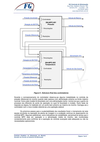 FG Controle & Otimização
Rua Pres. Epitácio Pessoa, 561
82530-270 – Curitiba – PR
(41)3524-3853
www.fgcontrole.com.br
Controle Preditivo na Otimização de Moinho
Secador de Carvão na Indústria de Mineração
Página 7 de 9
Figura 6 - Estrutura final dos controladores
Durante o comissionamento do controlador observou-se alguma instabilidade no controle da
pressão diferencial do moinho quando este operava com alimentação próxima ao limite máximo
nominal. Como este modelo foi levantado com uma alimentação menor, conclui-se que o ganho do
processo era diferente do ponto de operação no qual foi levantado o modelo. Outro teste de
resposta ao degrau foi realizado em um ponto bem próximo ao máximo do moinho. Carregou-se o
controlador com o novo modelo obtendo-se uma operação estável.
Os próximos passos para a sustentabilidade dos resultados foram o treinamento de toda
equipe envolvida na operação da planta de moagem e a avaliação contínua do desempenho do
controle MPC. Algumas estatísticas, como indicadores de variabilidade, percentual do tempo que o
controle MPC está em operação e a alimentação média do moinho, são monitoradas
constantemente para confirmar se a operação do controle avançado está adequada ou não às
necessidades operacionais.
Rotação do 06VT003
Válvula de Gás Quente
Pressão de entrada
Pressão Diferencial
Válvula de Retorno
Rotação do 06VT03
Temperatura na Saída
Temperatura de Entrada
Perturbações
Controladas
304-MPC-001
Pressão
Perturbações
Controladas
304-MPC-002
Temperatura
Restrições
Pressão Diferencial
Pressão de Entrada
Temperatura dos Rolos
Restrições
Alimentação (t/h)
Válvula da Chaminé
 