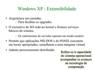 Windows XP - Extensibilidade
●   Arquitetura em camadas
        – Para facilitar os upgrades
●   O executivo do SO roda no kernel e fornece serviços
    básicos do sistema
         –   Os subsistemas de servidor operam em modo usuário
●   Permite que aplicações MS-DOS e do POSIX executem
    em locais apropriados, semelhante a uma máquina virtual
●   Admite processamento distribuído
                                            Refere-se à capacidade
                                            do sistema operacional
                                            acompanhar os avanços
                                               na tecnologia de
                                                  computação
 