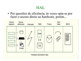 HAL
●   Por questões de eficiência, às vezes opta-se por
    fazer o acesso direto ao hardware, porém...
 