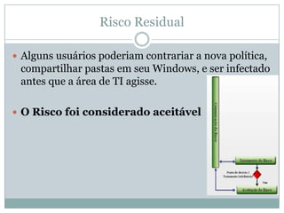 Risco Residual
 Alguns usuários poderiam contrariar a nova política,
compartilhar pastas em seu Windows, e ser infectado
antes que a área de TI agisse.
 O Risco foi considerado aceitável
 