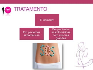 TRATAMENTO
É indicado:
Em pacientes
sintomáticas
Em pacientes
assintomáticas
com miomas
grandes
 