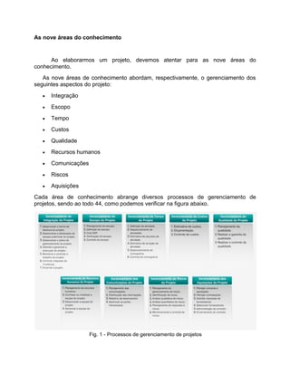 As nove áreas do conhecimento


      Ao elaborarmos um projeto, devemos atentar para as nove áreas do
conhecimento.
   As nove áreas de conhecimento abordam, respectivamente, o gerenciamento dos
seguintes aspectos do projeto:
      Integração
      Escopo
      Tempo
      Custos
      Qualidade
      Recursos humanos
      Comunicações
      Riscos
      Aquisições
Cada área de conhecimento abrange diversos processos de gerenciamento de
projetos, sendo ao todo 44, como podemos verificar na figura abaixo.




                      Fig. 1 - Processos de gerenciamento de projetos
 