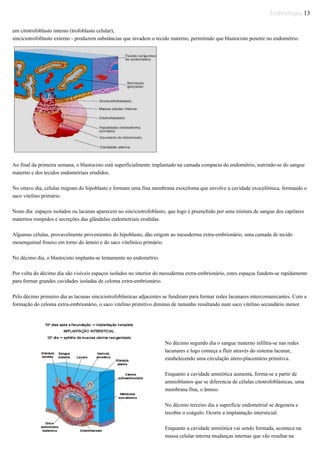 Embriologia 13
um citotrofoblasto interno (trofoblasto celular);
sinciciotrofoblasto externo - produzem substâncias que invadem o tecido materno, permitindo que blastocisto penetre no endométrio.
Ao final da primeira semana, o blastocisto está superficialmente implantado na camada compacta do endométrio, nutrindo-se do sangue
materno e dos tecidos endometriais erudidos.
No oitavo dia, células migram do hipoblasto e formam uma fina membrana exoceloma que envolve a cavidade exocelômica, formando o
saco vitelino primário.
Nono dia: espaços isolados ou lacunas aparecem no sinciciotrofoblasto, que logo é preenchido por uma mistura de sangue dos capilares
maternos rompidos e secreções das glândulas endometriais erodidas.
Algumas células, provavelmente provenientes do hipoblasto, dão origem ao mesoderma extra-embrionário, uma camada de tecido
mesenquimal frouxo em torno do âmnio e do saco vitelínico primário.
No décimo dia, o blastocisto implanta-se lentamente no endométrio.
Por volta do décimo dia são visíveis espaços isolados no interior do mesoderma extra-embrionário, estes espaços fundem-se rapidamente
para formar grandes cavidades isoladas de celoma extra-embrionário.
Pelo décimo primeiro dia as lacunas sinciciotrofoblásticas adjacentes se fundiram para formar redes lacunares intercomunicantes. Com a
formação do celoma extra-embrionário, o saco vitelino primitivo diminui de tamanho resultando num saco vitelino secundário menor.
No décimo segundo dia o sangue materno infiltra-se nas redes
lacunares e logo começa a fluir através do sistema lacunar,
estabelecendo uma circulação útero-placentário primitiva.
Enquanto a cavidade amniótica aumenta, forma-se a partir de
amnioblastos que se diferencia de células citotrofoblásticas, uma
membrana fina, o âmnio.
No décimo terceiro dia a superfície endometrial se degenera e
recobre o coágulo. Ocorre a implantação intersticial.
Enquanto a cavidade amniótica vai sendo formada, acontece na
massa celular interna mudanças internas que vão resultar na
 