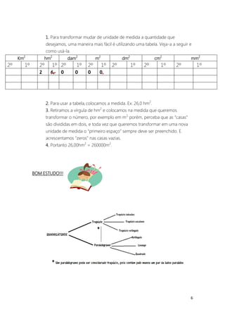 1. Para transformar mudar de unidade de medida a quantidade que
                    desejamos, uma maneira mais fácil é utilizando uma tabela. Veja-a a seguir e
                    como usá-la.
     Km2         hm2           dam2            m2             dm2              cm2             mm2
2º     1º      2º      1º 2º        1º    2º     1º   2º            1º   2º      1º     2º         1º
               2      6, 0         0      0     0,




                    2. Para usar a tabela, colocamos a medida. Ex: 26,0 hm2.
                    3. Retiramos a vírgula de hm2 e colocamos na medida que queremos
                    transformar o número, por exemplo em m2, porém, perceba que as “casas”
                    são divididas em dois, e toda vez que queremos transformar em uma nova
                    unidade de medida o “primeiro espaço” sempre deve ser preenchido. E
                    acrescentamos "zeros" nas casas vazias.
                    4. Portanto 26,00hm2 = 260000m2.




            BOM ESTUDO!!!




                                                                                               6
 