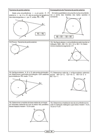 Teorema do ponto exterior.
Dada uma circunferência l e um ponto P, P
exterior a l, se A e B são os pontos de tangência
das retas tangentes a l por P, então PA = PB.
A
B
Pl
PA = PB
Consequência do Teorema do ponto exterior.
Em todo quadrilátero circunscrito numa circunferên-
cia a soma das medidas dos lados opostos é
constante.
l
A
B
C
D
AB + CD = AD + BC
14) Prove o Teorema do ponto exterior.
A
B
Pl
A
B C
R
S
T
15) Na figura abaixo, a circunferência está inscrita no
triângulo ABC, AB = 10, AC = 12 e BC = 14. Deter-
mine a medida do segmento CT.
A
B
Pl
C
D
E
16) Na figura abaixo, A, B e D são pontos de tangên-
cia. Determinar o perímetro do triângulo CEP, sabendo
que a distância PB mede 17 cm.
18) Determinar a medida da base média de um trapé-
zio isósceles sabendo-se que os lados não paralelos
desse trapézio medem 15 cm cada.
A B
CD
A
B
C
D
17) Determine o valor de x na figura abaixo, sabendo-
se que AB = 2x + 2, CD = 4x - 3, AD = 3x - 2 e
BC = 3x + 1.
19) Determine a medida do raio da circunferência ins-
crita no triângulo retângulo cujos lados medem 8 cm,
15 cm e 17 cm.
Jeca 30
 