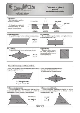 I) Trapézio.
É o quadrilátero que tem
dois lados paralelos.
Trapézio
retângulo
Trapézio
isósceles
Trapézio
escaleno
a
b
a a
b b b
a
A altura de um trapézio é
a distância entre as retas
suporte de suas bases.
h
base menor
base maior
a + b = 180º
II) Paralelogramo.
É o quadrilátero que tem os lados opostos paralelos.
A B
CD
AB // CD
e
AD //BC
III) Retângulo.
É o quadrilátero que tem todos os ângulos internos
congruentes e iguais a 90º.
A B
CD
b
h
b
h
IV) Losango.
É o quadrilátero que tem os lados congruentes.
V) Quadrado.
É o quadrilátero que tem
os lados congruentes e
todos os ângulos internos
congruentes (90º).
a
b
b
aA
B
C
D
AB // CD
e
AD // BC
45º
Propriedades dos quadriláteros notáveis.
1) Em todo paralelogramo as diagonais cortam-se nos
respectivos pontos médios.
2) Em todo losango as diagonais são:
a) perpendiculares entre si;
b) bissetrizes dos ângulos internos.
A B
CD
M
M é ponto médio de AC
e
M é ponto médio de BD.
A
B
C
D
x
y
x
y y
y
x
x
3) Base média de trapézio.
Em todo trapézio, o segmento que une os pontos
médios dos dois lados não paralelos, é paralelo às
bases e vale a média aritmética dessas bases.
4) Base média de triângulo.
Em todo triângulo, o segmento que une os pontos
médios de dois lados é paralelo ao 3º lado e vale a
metade desse 3º lado.
A B
N
CD
M
base média
MN // AB // CD
e
MN AB + CD
2
=
A
B C
M N
base média
MN // BC
e
MN =
BC
2
Estudos sobre Geometria realizados
pelo prof. Jeca
(Lucas Octavio de Souza)
(São João da Boa Vista - SP)
Geometria plana
Aula 04
Quadriláteros notáveis.
Jeca 36
 