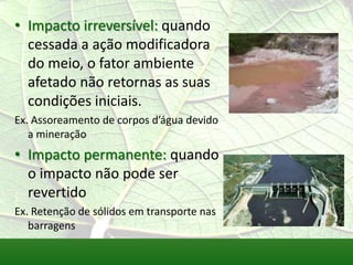 • Impacto irreversível: quando
cessada a ação modificadora
do meio, o fator ambiente
afetado não retornas as suas
condições iniciais.
Ex. Assoreamento de corpos d’água devido
a mineração
• Impacto permanente: quando
o impacto não pode ser
revertido
Ex. Retenção de sólidos em transporte nas
barragens
 