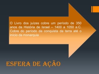 Esfera de Ação
O Livro dos juízes cobre um período de 350
anos da História de Israel – 1400 a 1050 a.C.
Cobre do período da conquista da terra até o
início da monarquia
 