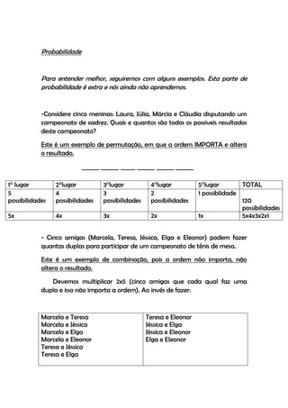 Probabilidade


            Para entender melhor, seguiremos com alguns exemplos. Esta parte de
            probabilidade é extra e nós ainda não aprendemos.


            -Considere cinco meninas: Laura, Júlia, Márcia e Cláudia disputando um
            campeonato de xadrez. Quais e quantos são todos os possíveis resultados
            deste campeonato?
            Este é um exemplo de permutação, em que a ordem IMPORTA e altera
            o resultado.
                            ______ ______ _____ ______ ______ ______

1° lugar         2°lugar           3°lugar           4°lugar            5°lugar        TOTAL
5                4                 3                 2                  1 possiblidade
possibilidades   possibilidades    possibilidades    possibilidades                    120
                                                                                       possibilidades
5x               4x                3x                2x                 1x             5x4x3x2x1


            - Cinco amigas (Marcela, Teresa, Jéssica, Elga e Eleonor) podem fazer
            quantas duplas para participar de um campeonato de tênis de mesa.
            Este é um exemplo de combinação, pois a ordem não importa, não
            altera o resultado.
               Devemos multiplicar 2x5 (cinco amigas que cada qual faz uma
            dupla e isso não importa a ordem). Ao invés de fazer:


            Marcela e Teresa                        Teresa e Eleonor
            Marcela e Jéssica                       Jéssica e Elga
            Marcela e Elga                          Jéssica e Eleonor
            Marcela e Eleonor                       Elga e Eleonor
            Teresa e Jéssica
            Teresa e Elga
 