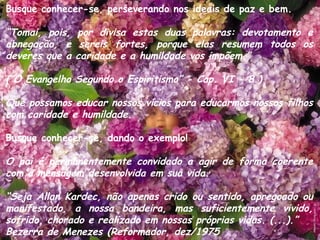 Busque conhecer-se, perseverando nos ideais de paz e bem.
“Tomai, pois, por divisa estas duas palavras: devotamento e
abnegação, e sereis fortes, porque elas resumem todos os
deveres que a caridade e a humildade vos impõem.”
(“O Evangelho Segundo o Espiritismo” - Cap. VI - 8.)
Que possamos educar nossos vícios para educarmos nossos filhos
com caridade e humildade.
Busque conhecer-se, dando o exemplo!
O pai é permanentemente convidado a agir de forma coerente
com a mensagem desenvolvida em sua vida.
“Seja Allan Kardec, não apenas crido ou sentido, apregoado ou
manifestado, a nossa bandeira, mas suficientemente vivido,
sofrido, chorado e realizado em nossas próprias vidas. (...).”
Bezerra de Menezes (Reformador, dez/1975 
 