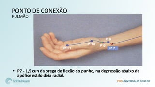 PONTO DE CONEXÃO
PULMÃO
• P7 - 1,5 cun da prega de flexão do punho, na depressão abaixo da
apófise estiloideia radial.
 