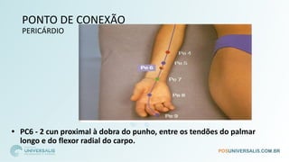 PONTO DE CONEXÃO
PERICÁRDIO
• PC6 - 2 cun proximal à dobra do punho, entre os tendões do palmar
longo e do flexor radial do carpo.
 