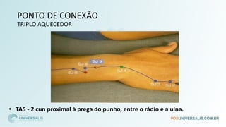 PONTO DE CONEXÃO
TRIPLO AQUECEDOR
• TA5 - 2 cun proximal à prega do punho, entre o rádio e a ulna.
 