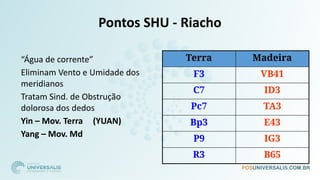 Pontos SHU - Riacho
Terra Madeira
F3 VB41
C7 ID3
Pc7 TA3
Bp3 E43
P9 IG3
R3 B65
□ “Água de corrente”
□ Eliminam Vento e Umidade dos
meridianos
□ Tratam Sind. de Obstrução
dolorosa dos dedos
□ Yin – Mov. Terra (YUAN)
□ Yang – Mov. Md
 