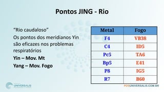 Pontos JING - Rio
Metal Fogo
F4 VB38
C4 ID5
Pc5 TA6
Bp5 E41
P8 IG5
R7 B60
□ “Rio caudaloso”
□ Os pontos dos meridianos Yin
são eficazes nos problemas
respiratórios
□ Yin – Mov. Mt
□ Yang – Mov. Fogo
 