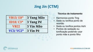Jing Jin (CTM)
VB13/ E8* 3 Yang Mão
ID18/ C3* 3 Yang Pé
VB22 3 Yin Mão
VC3/ VC2* 3 Yin Pé
Técnica de tratamento
• Harmoniza ponto Ting
• Seda ou tonifica ponto de
reunião
• Seda ou tonifica pontos Ashi
• Pontos de sedação ou
tonificação podendo usar
ponto mãe e ponto filho
 