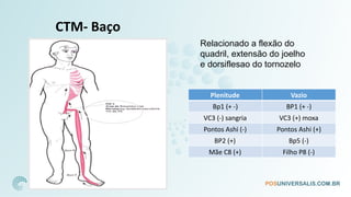 CTM- Baço
Plenitude Vazio
Bp1 (+ -) BP1 (+ -)
VC3 (-) sangria VC3 (+) moxa
Pontos Ashi (-) Pontos Ashi (+)
BP2 (+) Bp5 (-)
Mãe C8 (+) Filho P8 (-)
Relacionado a flexão do
quadril, extensão do joelho
e dorsiflesao do tornozelo
 